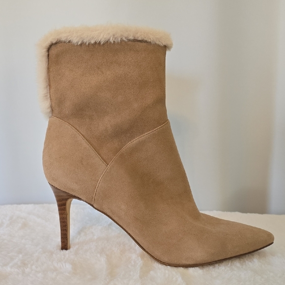 Nine West Tan Heeled Boots with Fur Trim - Picture 1 of 5